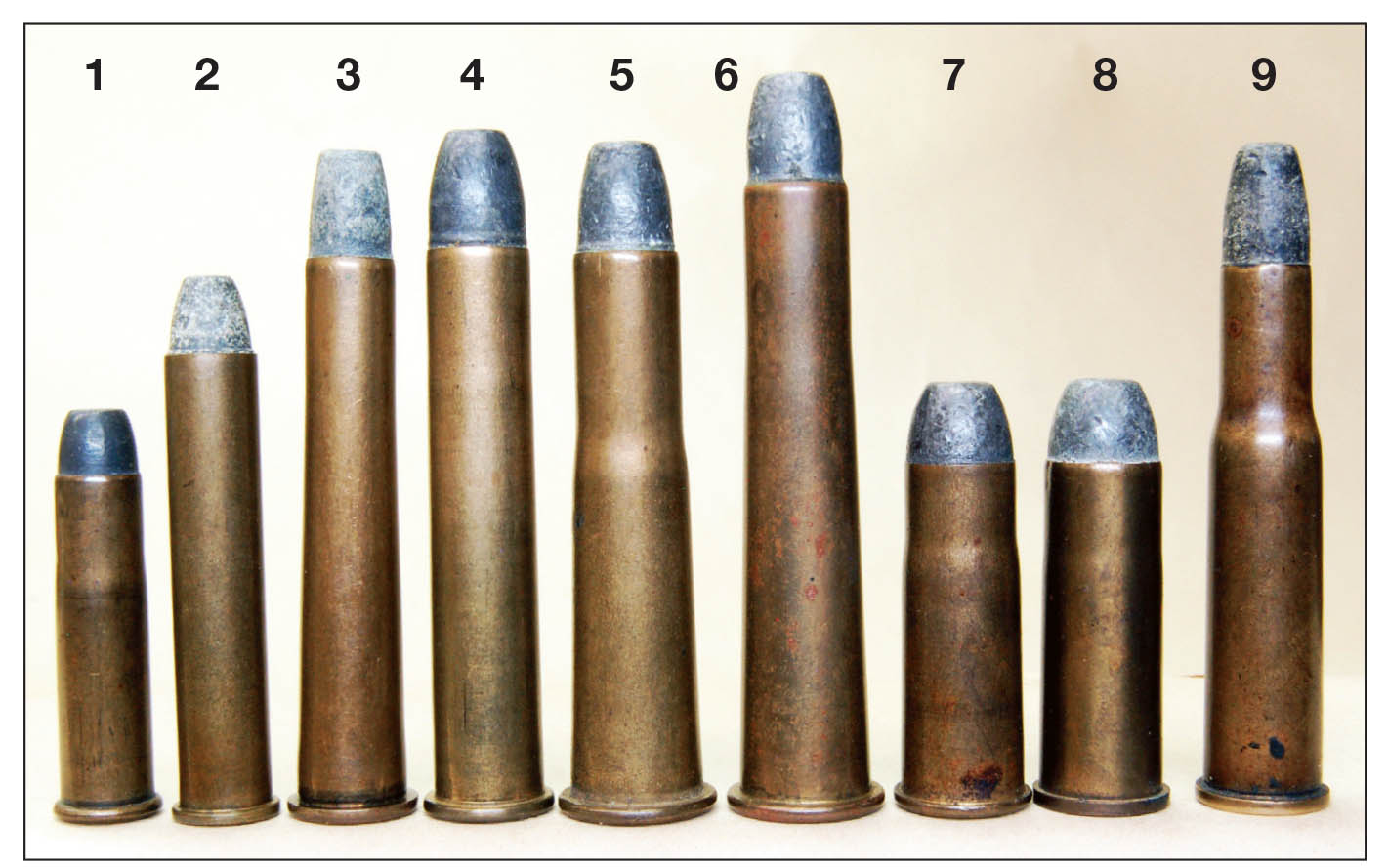 Contemporary black-powder cartridges include (left to right): the (1) .32-20 Winchester, (2) .32 Ideal, (3) .32-40, (4) .38-55, (5) .38-56, (6) .38-70, (7) .38-40, (8) .44-40 and a (9) UMC black-powder .303 Savage.